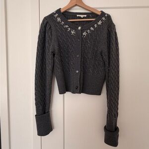 LOVESHACKFANCY Cable-Knit Cardigan Sweater Gray Floral Embellished Button L